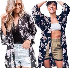Spiritual Gangster Kimono Maya Floral CoverUp Robe Black Pockets Ties One Size